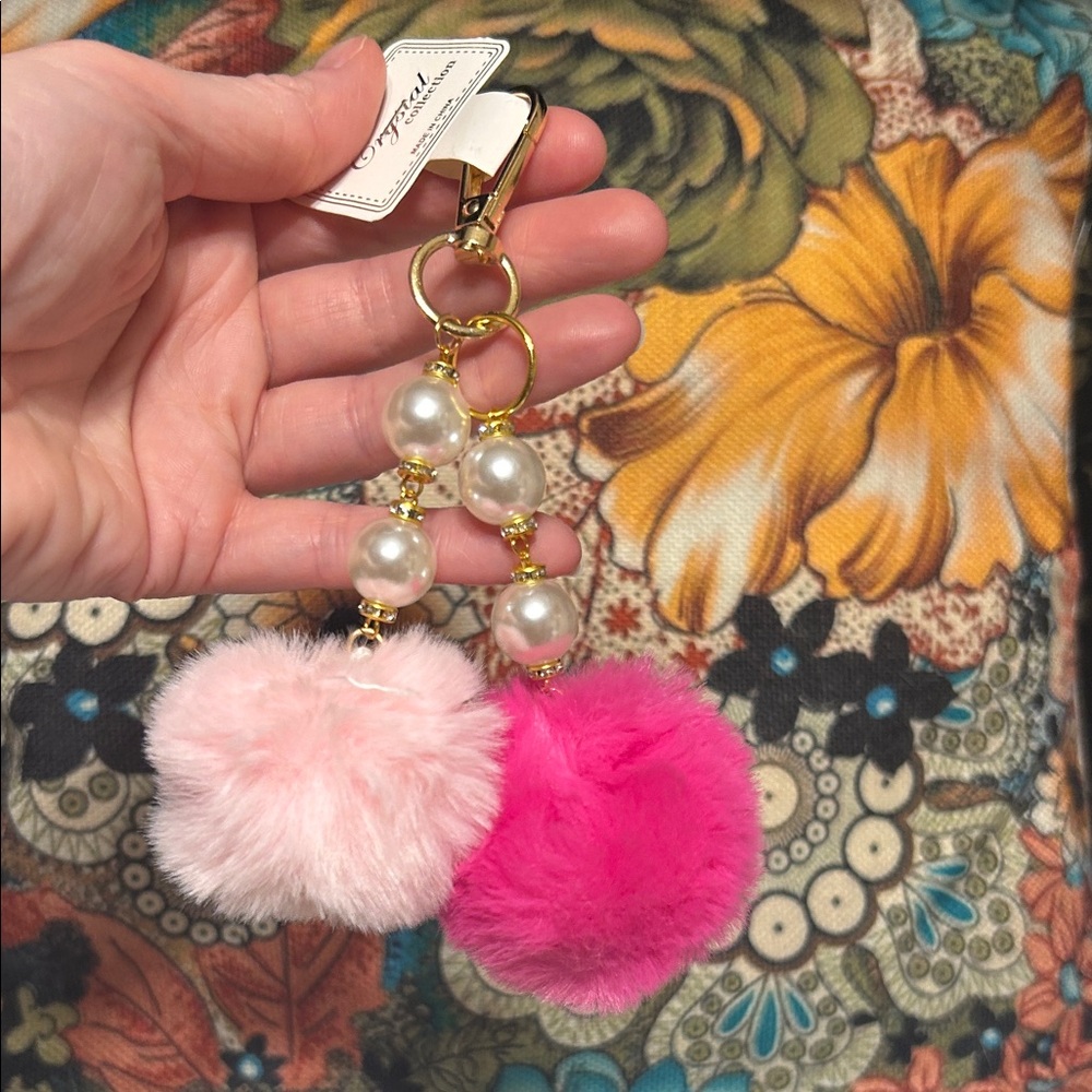 Pink Pom Pom Keychain with Paparazzi Crown Earrings - Picture 2 of 3